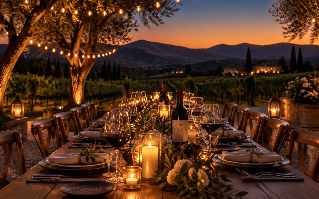 Candlelit outdoor dinner table among Napa Valley vineyards at dusk